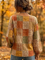 Women's Autumn Patchwork Plaid Balloon Sleeve Blouse