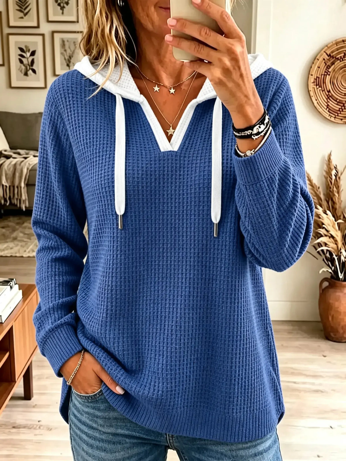 Women's Colorblock V-Neck Waffle Knit Hoodie