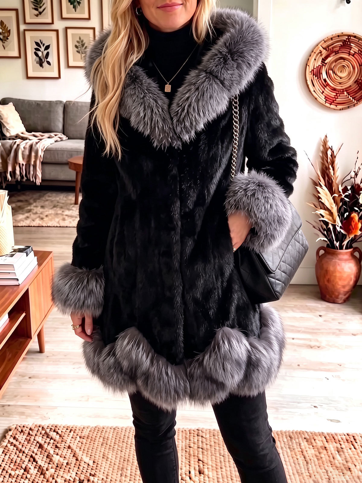 Hooded Faux Fur Contrast Trim Mid‑Length Coat Women Warm Winter Outerwear