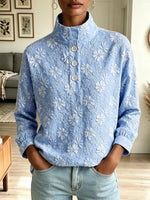 Retro Elegant Floral Pattern Art Casual Stylish Long Sleeve Henley Shirt
