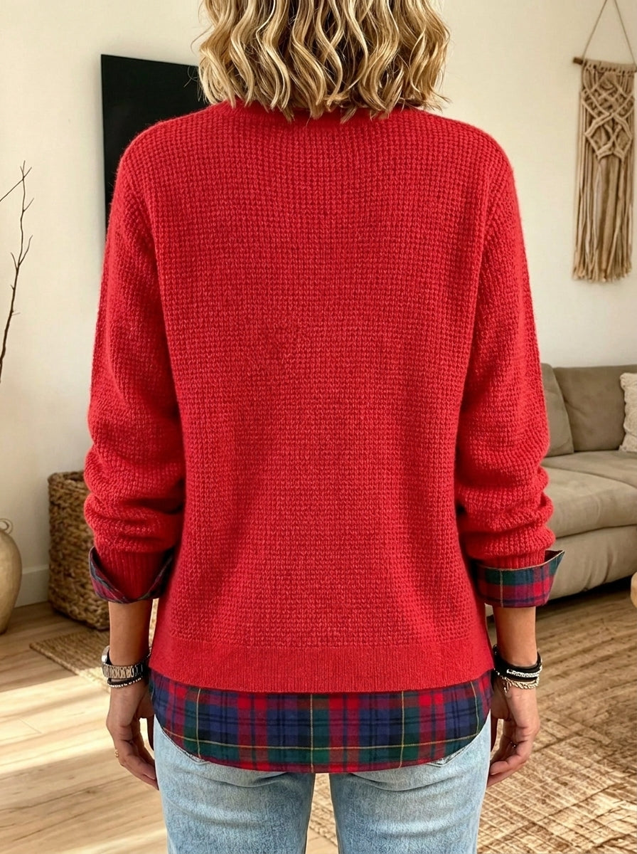 Women Crew Neck Long Sleeve Mock Two‑piece Plaid Spliced Knit Sweater Top