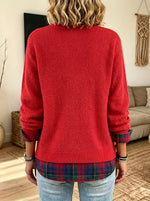Women Crew Neck Long Sleeve Mock Two‑piece Plaid Spliced Knit Sweater Top