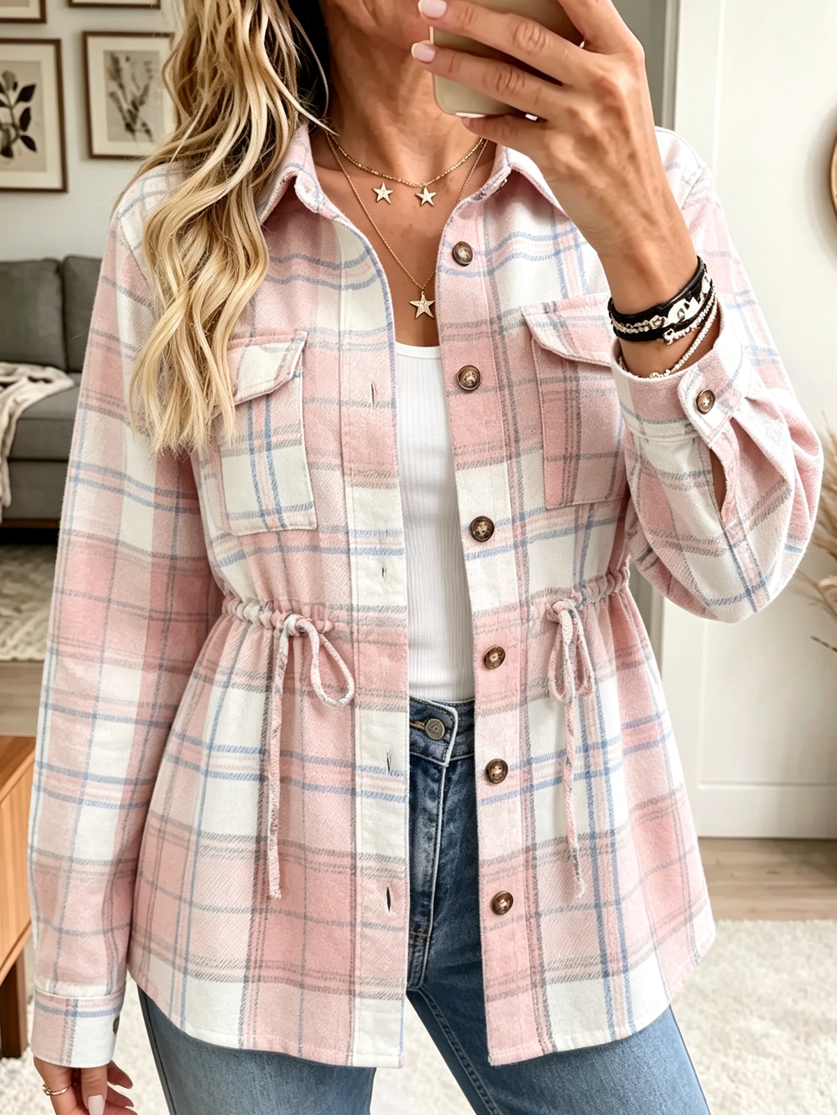 Women's Drawstring Waist Plaid Flannel Shacket