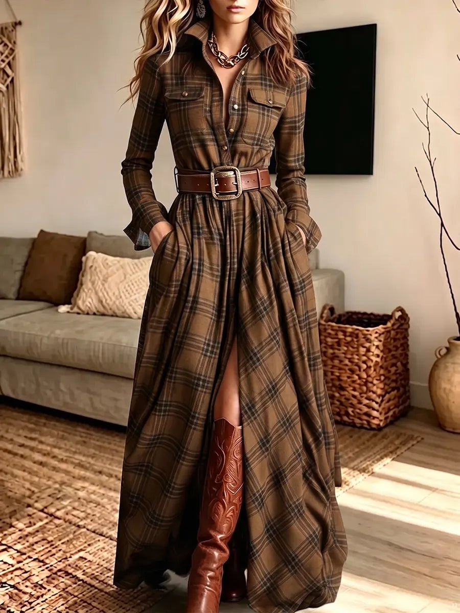 Women's Vintage Elegant Plaid Dress Includes Belt