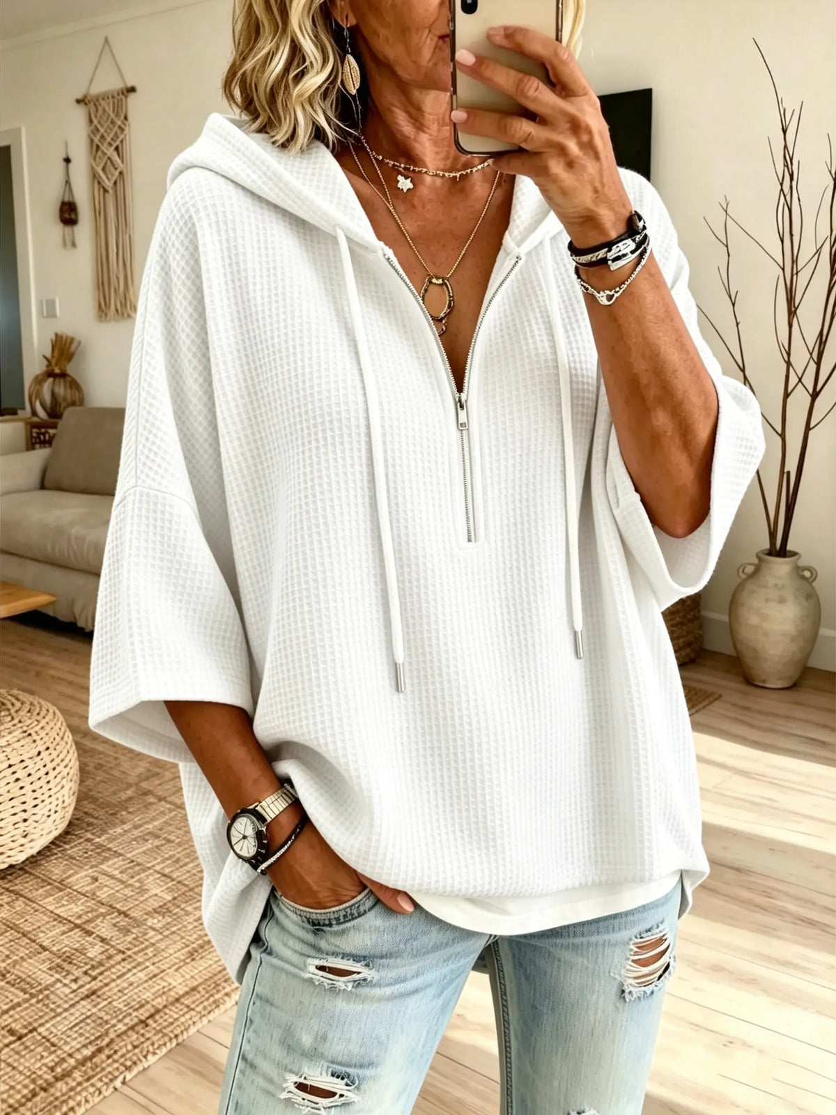 Women's Solid Waffle Knit Half Zip Hooded Short Sleeve Top
