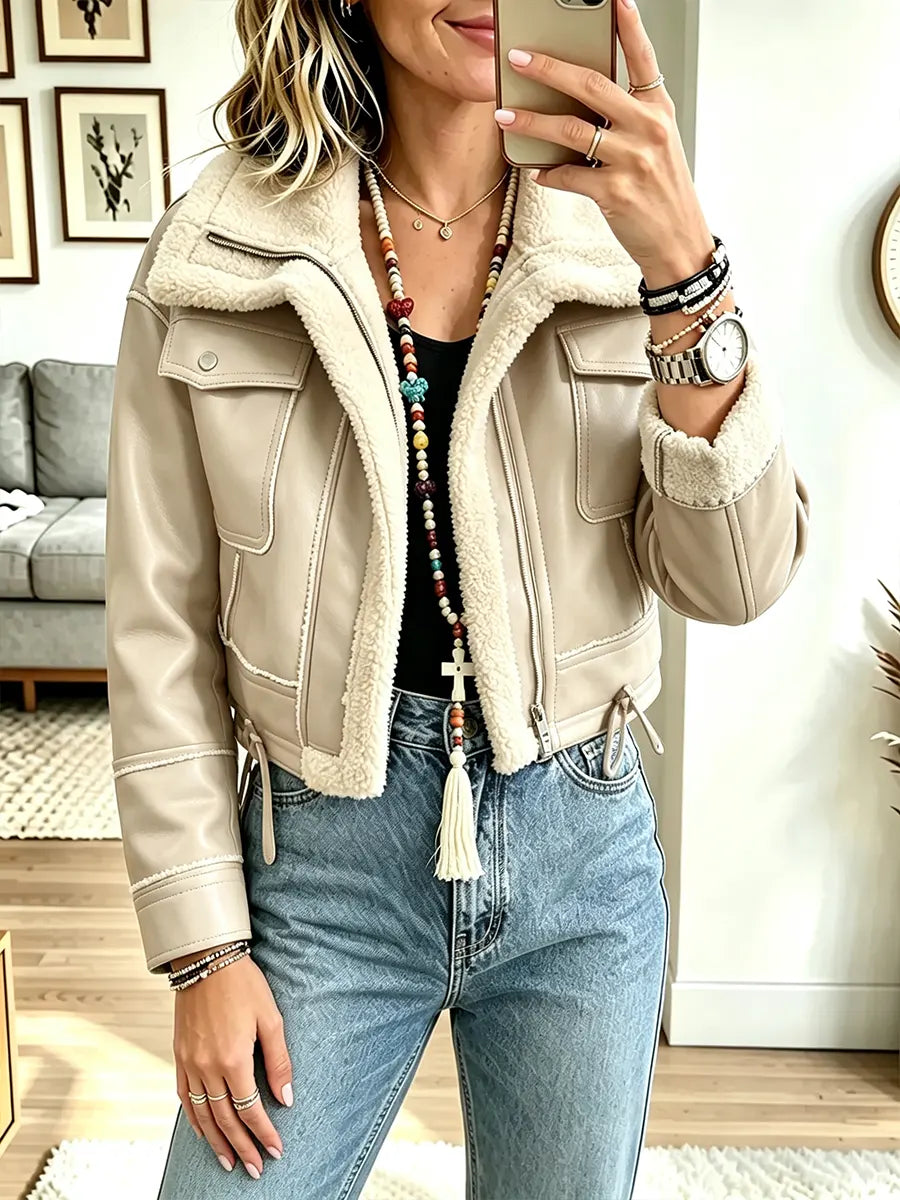 Women Retro Short Warm Motorcycle Jacket