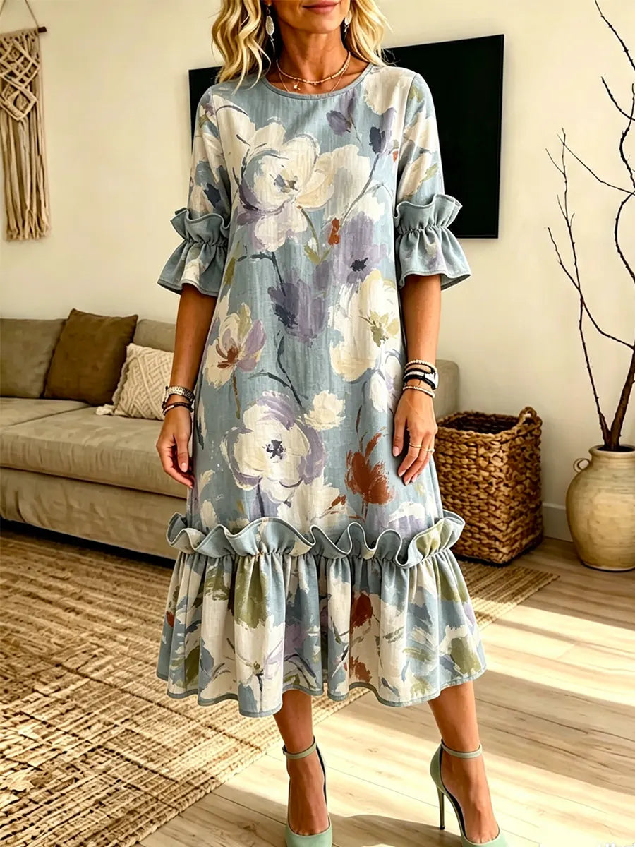 Retro Floral Pattern Art Print Casual Ruffle Stylish Cotton Linen Dress