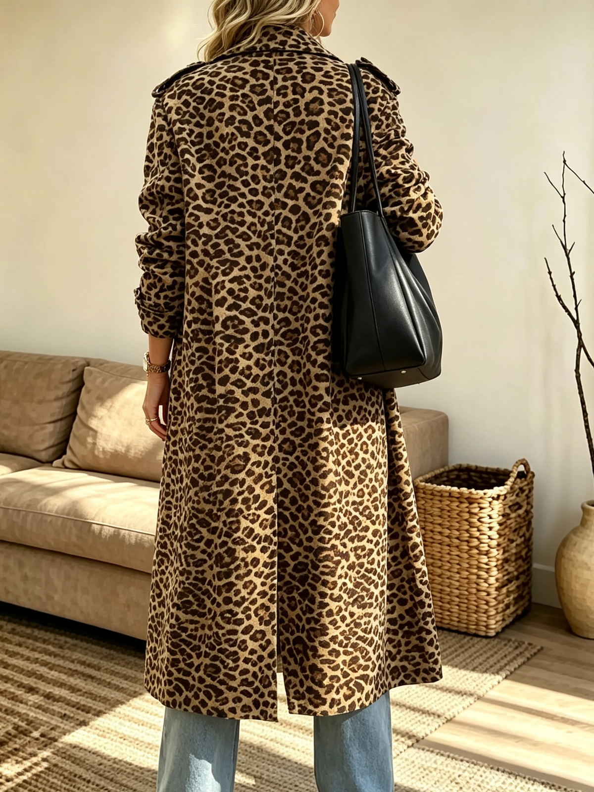 Women's Longline Leopard Print Trench Coat