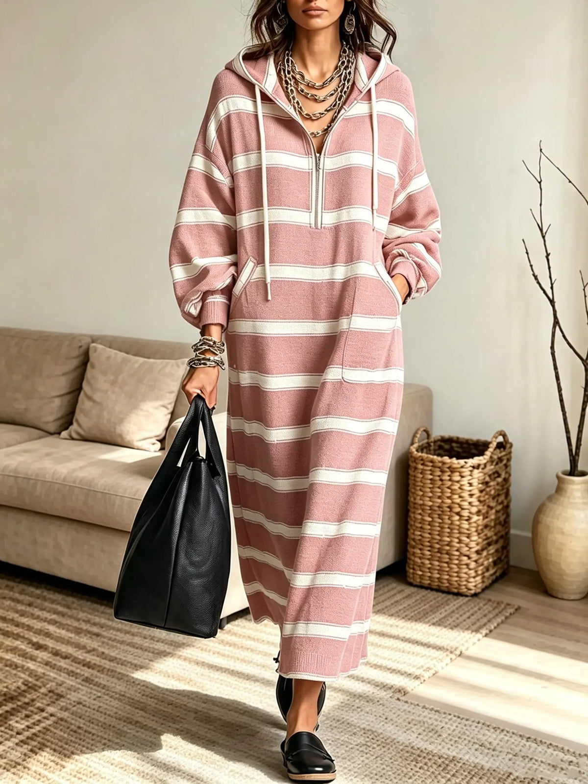 Women's Striped Half-Zip Hooded Sweatshirt Maxi Dress