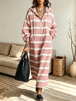 Women's Striped Half-Zip Hooded Sweatshirt Maxi Dress