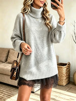 Women's Turtleneck Lace Hem Sweater Dress