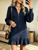 Women's Half-Zip Ruffle Hem Ribbed Sweater Dress