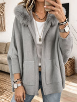 Women Furry Hood Zip‑Up Knit Cardigan, Oversized Cozy Knitted Jacket With Pockets