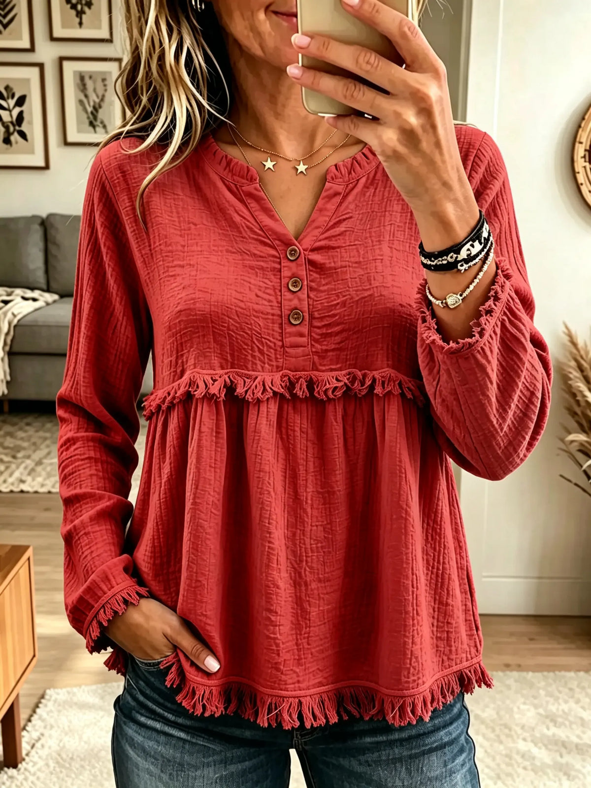 Women's Fringe Trim Henley Babydoll Blouse