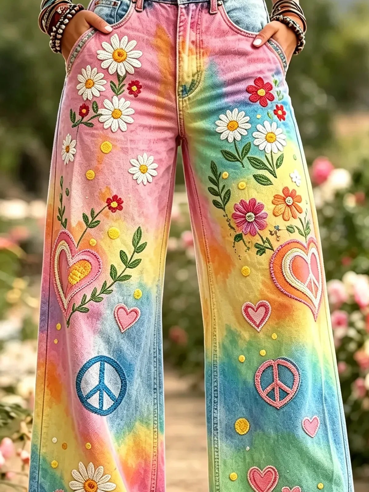 Women's Rainbow Gradient Tie Dye Daisy Heart Peace Floral Print High Waist Wide Leg Jeans