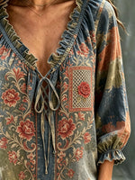 Women's Vintage Rose Floral Print Tie-Neck Blouse