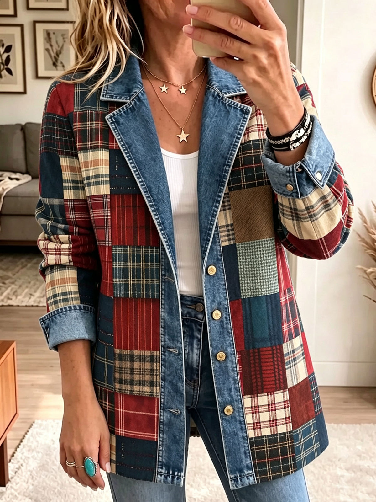 Plaid Patchwork Denim Spliced Blazer Jacket, Women Lapel Button Casual Outerwear