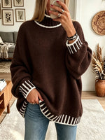 Women's Striped Trim Mock Neck Sweater