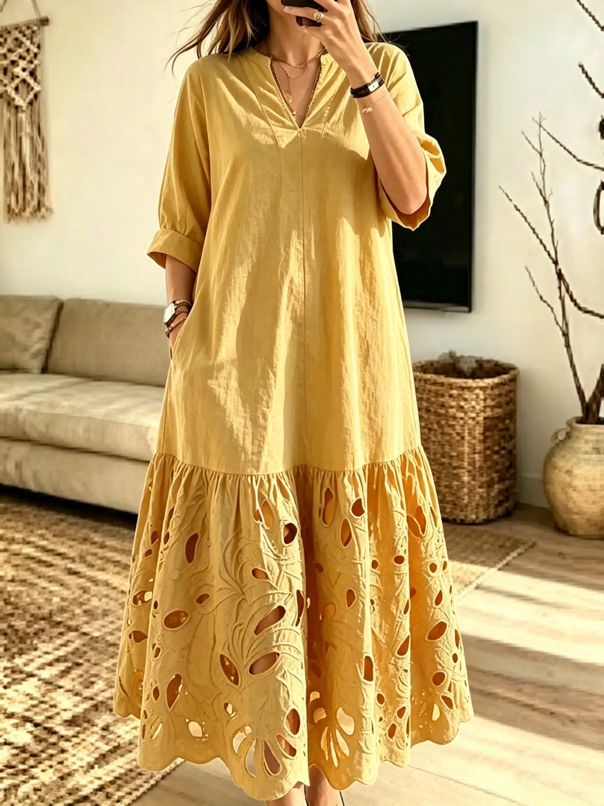 Women's Solid Hollow Out Art V-Neck Loose Maxi Dress