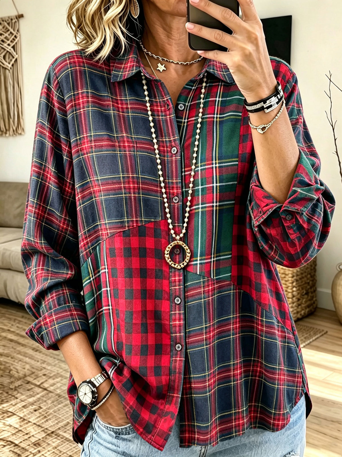 Women Holiday Color‑block Plaid Patchwork Button‑down Long Sleeve Shirt
