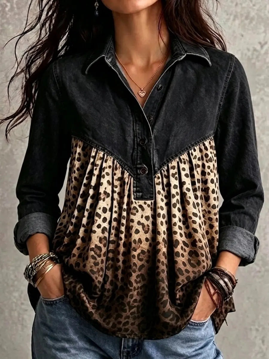 Women Denim Spliced Leopard Print Half Button Long Sleeve Blouse