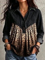 Women Denim Spliced Leopard Print Half Button Long Sleeve Blouse