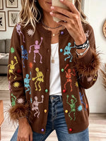 Vintage Elegant Patchwork Long Sleeves Feather Skull Sweater