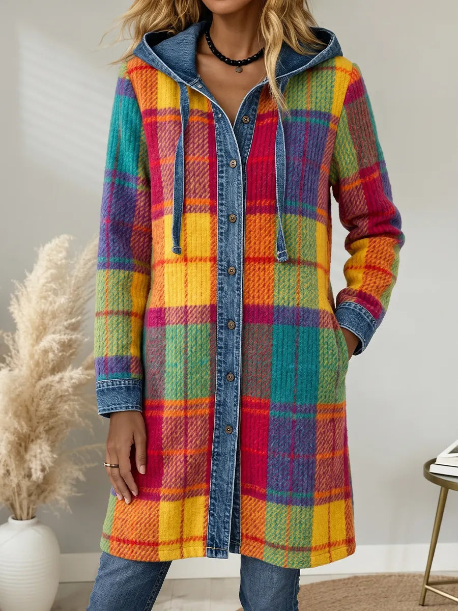 Vintage Elegant Denim Patchwork Plaid Hood Jacket