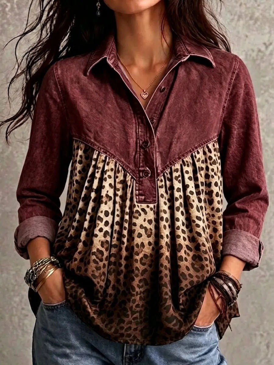 Women Denim Spliced Leopard Print Half Button Long Sleeve Blouse