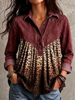 Women Denim Spliced Leopard Print Half Button Long Sleeve Blouse