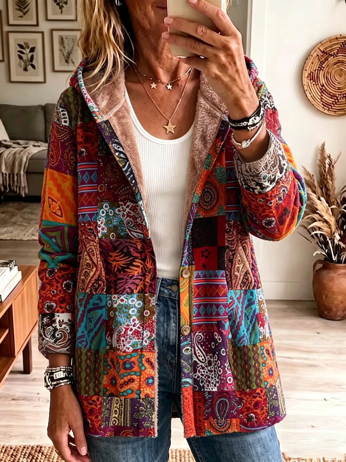 Women's Bohemian Patchwork Sherpa Lined Hooded Coat