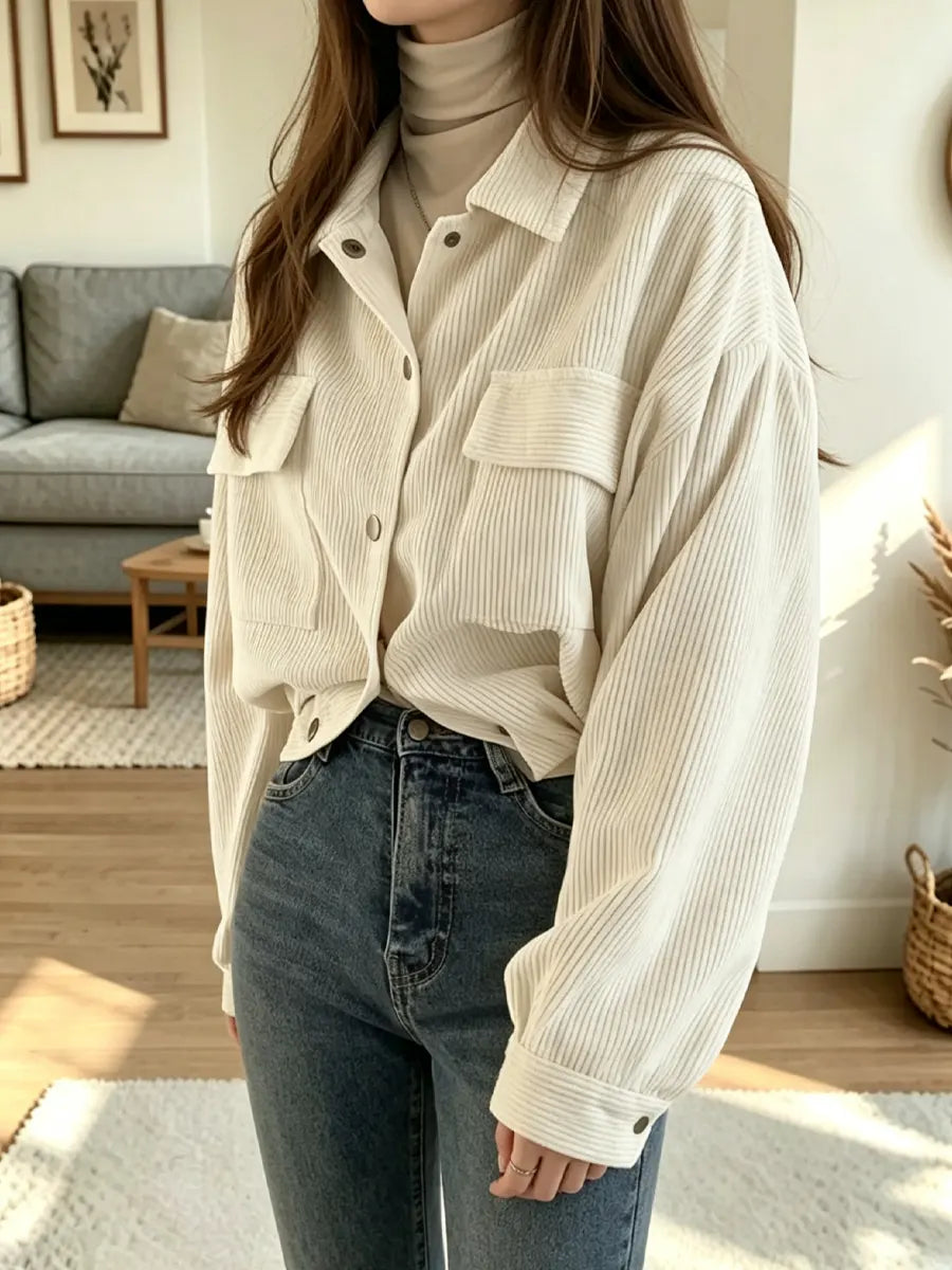Retro Lapel Art Casual Corduroy Stylish Long Sleeve Short Coat