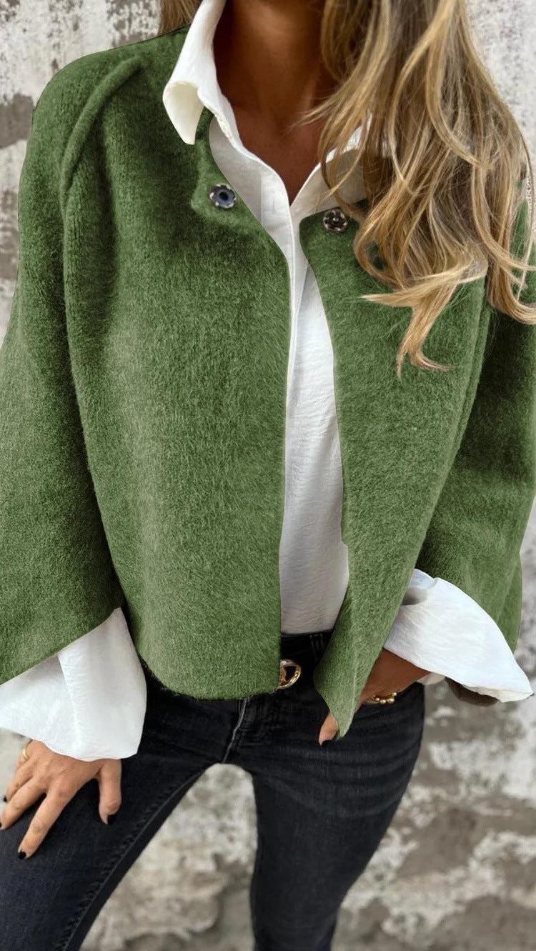 Stand Collar Snap Button Cropped Wool Blend Jacket Casual Short Coat