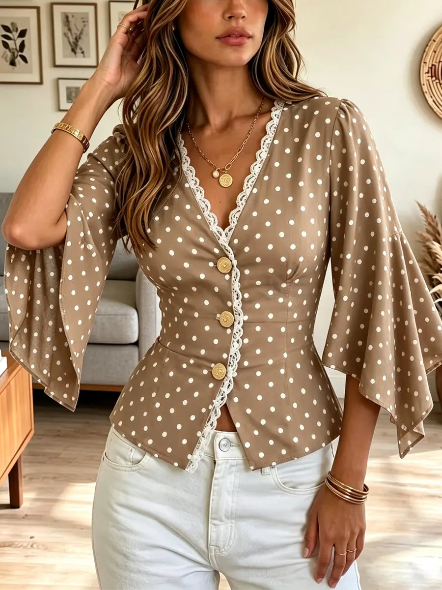Retro Polka Dot Lace Patchwork Art Casual Stylish 3/4 Sleeve Shirt