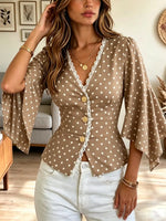 Retro Polka Dot Lace Patchwork Art Casual Stylish 3/4 Sleeve Shirt