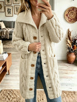 Women Lapel Chunky Cable Knit Cardigan Button‑Front Mid‑Length Sweater Coat