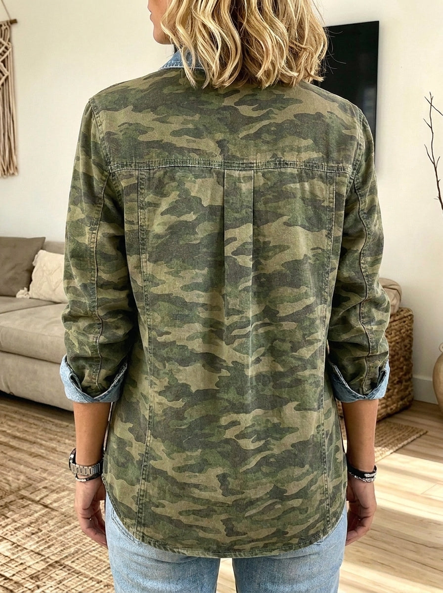 Women Camo Denim Color‑Block Long Sleeve Button Down Shirt