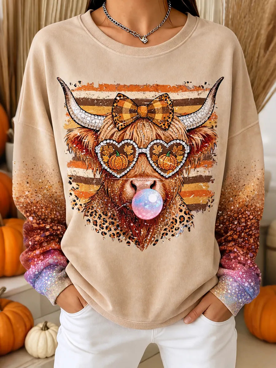 Vintage Autumn Ranch Cows Pumpkin Art Print Crewneck Sweatshirt