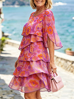 Women’s Vibrant Retro Floral Split Flare Sleeve Tiered Ruffle Chiffon Mini Dress
