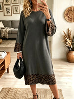 Women's Leopard Contrast Hem Ribbed Knit Midi Dress