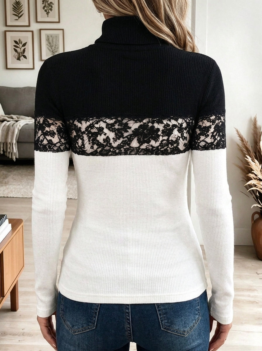 Women's Black and White Colorblock Turtleneck Knit Top with Lace Panel