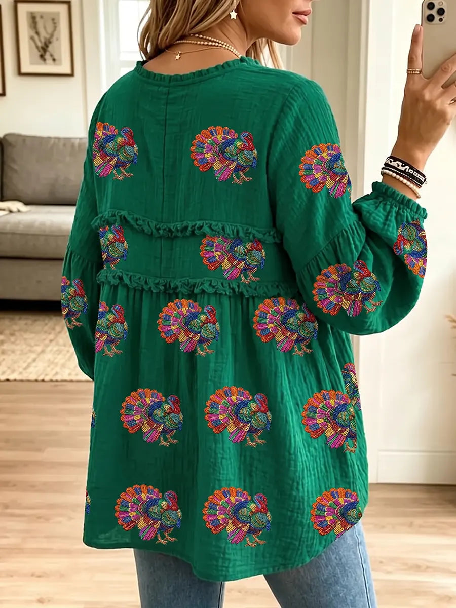 Women's Vintage Elegant Textured Crinkle Ruffle Babydoll Turkey Thanksgiving Tunic Blouse