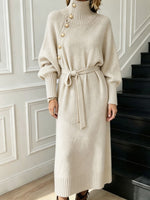 Turtleneck Belted Knit Midi Dress Gold Button Batwing Sleeve Sweater Dress