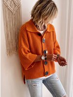 Collared Big Button Chunky Knit 3/4 Sleeve Cardigan