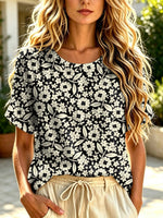 Women's Floral Pattern Art Print Casual Short Sleeve Linen T-shirt
