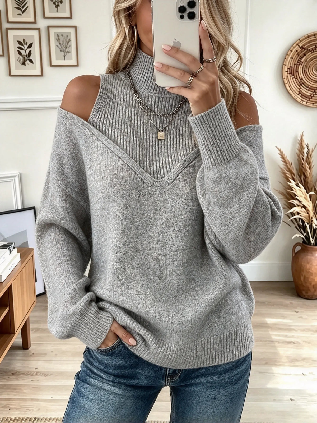 Women's Cold-Shoulder Layered Mock Neck Sweater