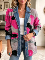 Retro Abstract Shiny Pattern Art Casual Denim Patchwork Stylish Long Sleeve Coat