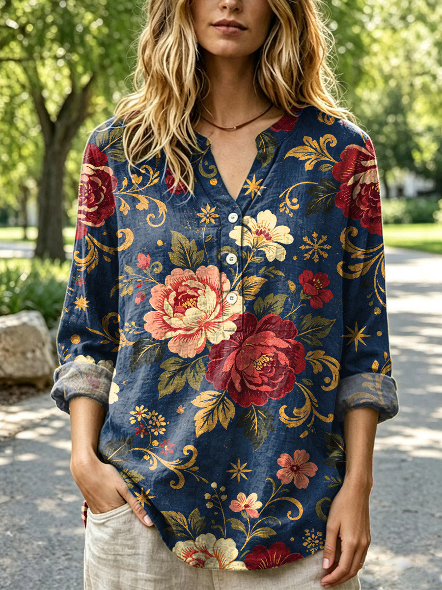 Women's Retro Floral Pattern Art Print Casual Long Sleeve Linen Shirt