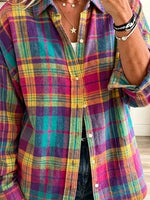 Retro Plaid Pattern Art Print Casual Stylish Long Sleeve Cotton Linen Shirt