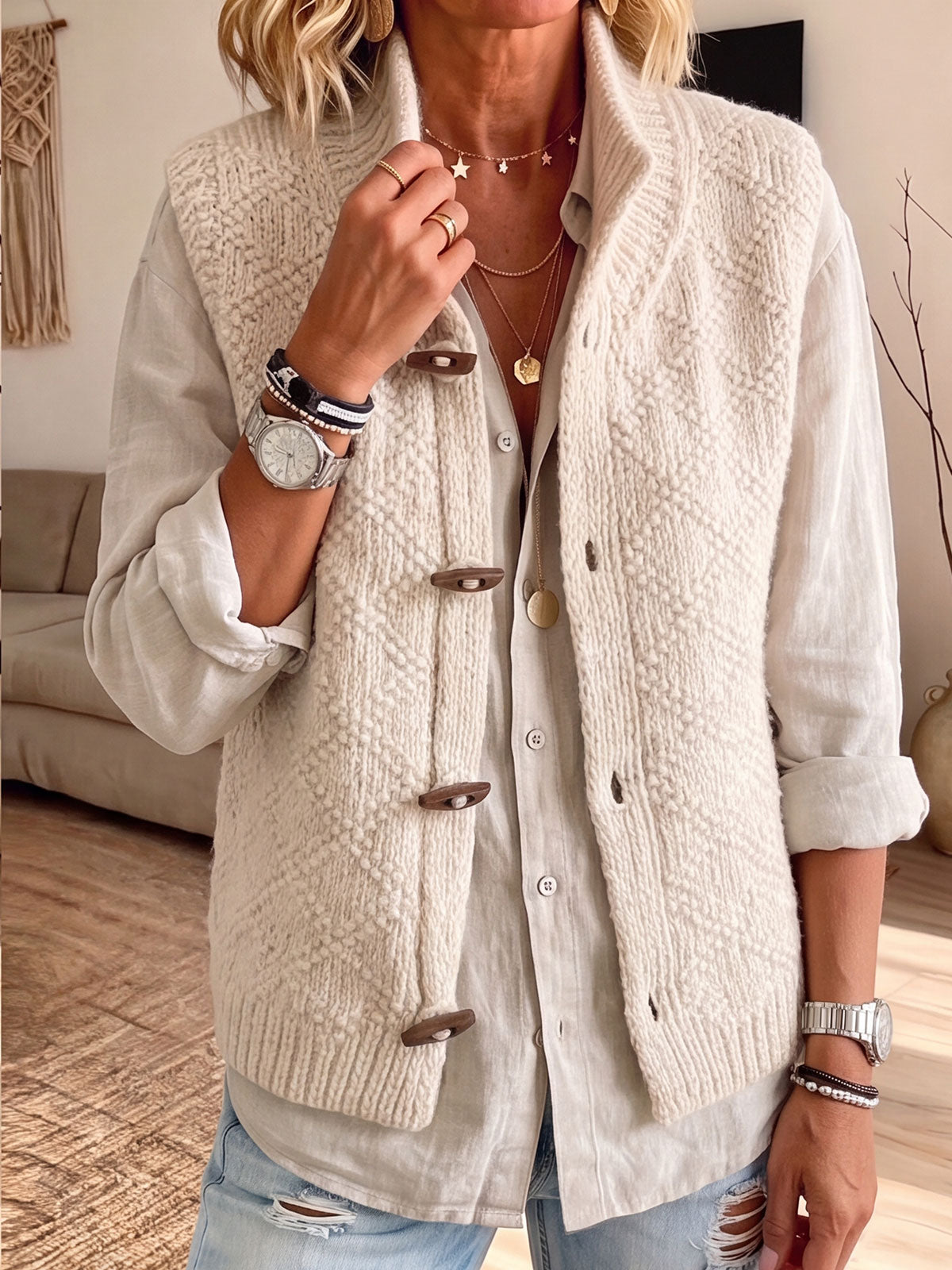 Stand Collar Diamond Knit Toggle Button Sleeveless Vest